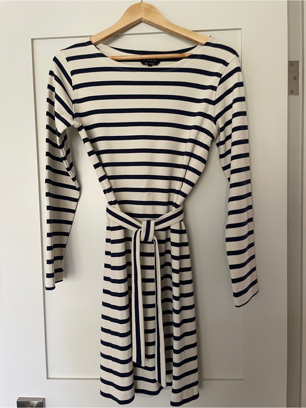 A.P.C. Navy and White Striped Long-Sleeve Tie-Waist Dress